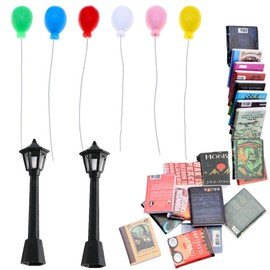 GXGM 28-Piece Miniature Dollhouse Books Set, with 2 Toy Street Lights and 6 Colourful Miniature Plastic Balloons, Mini Books Dollhouse Accessories, Books Decoration for Study, Bedroom, Aab