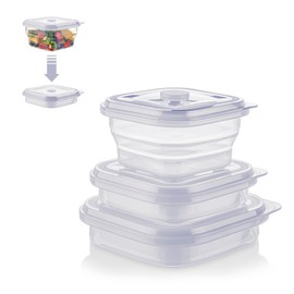 KLIPPSI® Lunchbox faltbar 3er Set- Brotdosen Frischhaltedosen aus Platin Silikon hitze-kältebeständig, auslaufsicher, spülmaschinengeeignet (transparent)