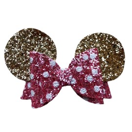 Minnie Mouse Ears Girls Glitter Hair Bows Clips Slides Grips 3.5" Inch Handmade 2pcs Pink & Gold Polka Dot