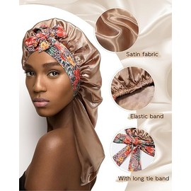 Long Satin Braids Bonnet - Silk Hair Bonnets for Sleeping Stretchy Tie Band for Black Women Curly Hair (AU, Alpha, One Size, Khaki)