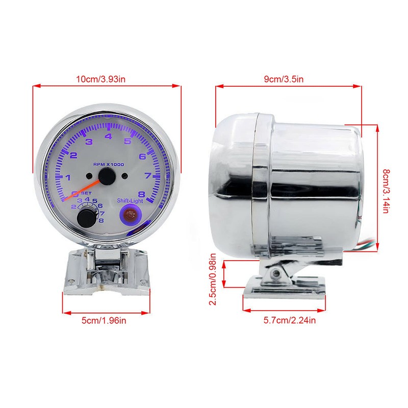 Tbest Tachometer 4 Cylinder Chrome White Switch Light 3.75" 0-8000RPM