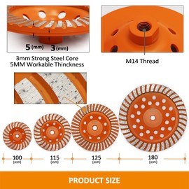 Diamond Cup Surface Grinding Wheel,BGTEC 180MM Turbo Row Concrete Diamond Grinder Disc with M14 thread for Polishing and Cleaning Grinder Concrete Granite Stone Marble Masonry