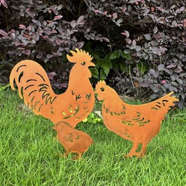 3 Pieces Metal Chicken Garden Metal Stakes, Hollow Garden Animal Ornament, Outdoor Decorative Stake Accessories And Lawn Ornaments - Ornamental Gardening Stakes For Decoration.