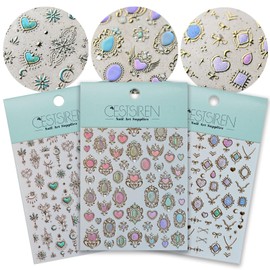 CESTSIREN Holographic Heart Nail Art Stickers, Aurora Nail Decals, Self-Adhesive, Golden Nail Accessories for Women, Nail Decorations 3 Sheets