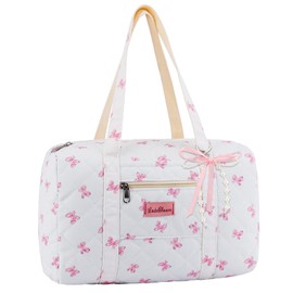Coquette Bag with Ribbon Pearl Bow - Pink Bow Tote Bags Cute Travel Bag,Floral Quilted Duffle Bag for Women Girls,Coquette Aesthetic Y2K Shoulder Bags,Weekend Bag for Travel Trip Work