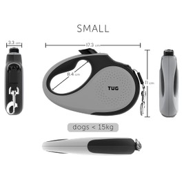 TUG 360° Tangle-Free Retractable Dog Leash for Up to 15 kg Dogs | 5 m Strong Nylon Tape/Ribbon | One-Handed Brake, Pause, Lock (Small, Grey)