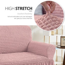 NICEEC Loveseat Slipcover Pink Loveseat Cover 1 Piece Easy Fitted Sofa Couch Covers Universal High Stretch Durable Furniture Protector Love Seat with Skirt Country Style (2 Seater Pink)