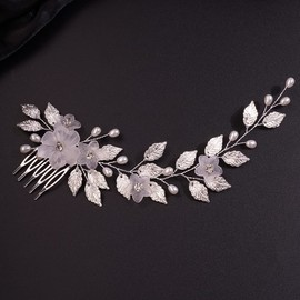 Teyglen Bride Wedding Flower Hair Comb Crystal Leaf Pearl Side Hair Comb Bridal Rhinestone Hair Pieces Hair Accessories for Women Girls Bridesmaid (Silver)