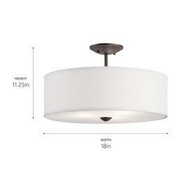 Kichler Shailene 18" 3 Light Round Semi Flush with Satin Etched White Diffuser and White Microfiber Shade in Olde Bronze