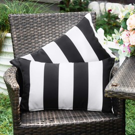 Western Home Pack of 2 Decorative Outdoor Solid Waterproof Striped Throw Pillow Covers Polyester Linen Garden Farmhouse Cushion Cases for Patio Tent Balcony Couch Sofa 12x20 inch Black