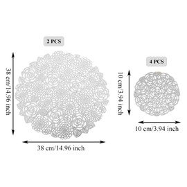 Spldsun Set of 6 Round Place Mats and Coasters, PVC Place Mat Round Silver, Silver Hollow Round Place Mat for Non-Slip, Scratch-Resistant, Decorative Tables (Silver)