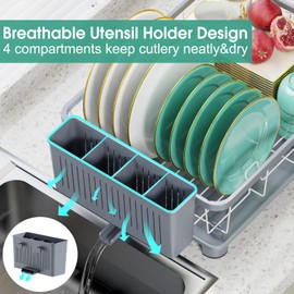 Hiviweer Dish Drying Rack - Space-Saving Dish Rack,Dish Racks for Kitchen Counter with Drainboard, Rustproof Dish Drainer with a Large 4-Compartment Utensil Holder,Gray
