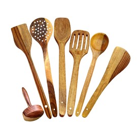 PEBBLE CRAFTS Handmade Wooden Cooking Spoons and Serving Spoon Set with Free Masher | Spatula | Non Stick Kitchen Utensil (Set of 6)