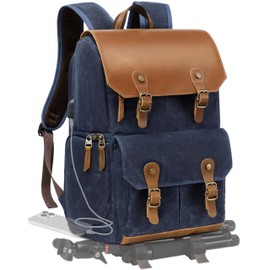 Padwa Lifestyle Blue Camera Backpack - Waxed Memory Weather Resistant Canvas Large Camera Bag,Multifunctional Dslr Camera Backpacks with Multi Cameras,Lens & 16” Laptop Compartment for Photographers