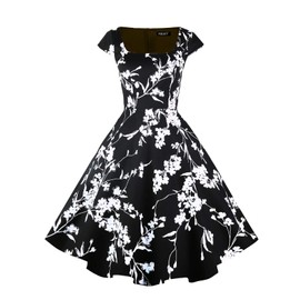 PUKAVT Women's Cocktail Party Dress Cap Sleeve 1950 Retro Swing Dress with Pockets Black Flower XL