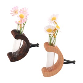2PCS Car Propagation Vase Vent Clip Kit,Mini Propagation Vase for Car Vent Clips with Glass Tube/Wood Base with Clip/Plastic Flower for Cars Decor,Delicate Cars Air Vents Clips