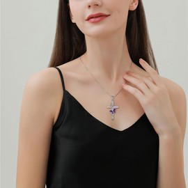 YIFSIY Cross Necklace 925 Sterling Silver Butterfly Pendant February Birthstone Amethyst Jewelry Gifts Necklace for Women
