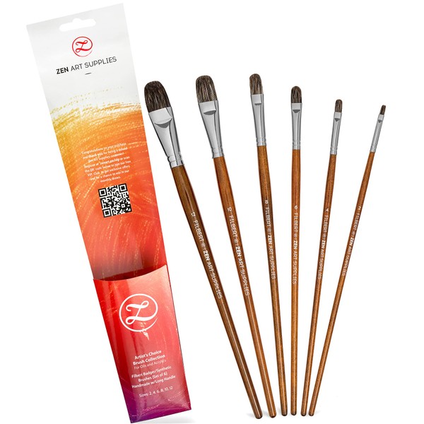 ZenART Oil & Acrylic Paint Filbert-Brushes – 6pc Professional Brush Set 2, 4, 6, 8, 10, & 12 with Durable Badger/Synthetic Bristles – PVC Travel Pouch, Long Lacquered Birchwood Handles, No Shedding
