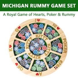 Giant Michigan Rummy Deluxe Board Game Set : Wooden Game Board + 2 Boxes of Playing Chips (200 Pieces) + 1 Deck of Poker + 1 Game Manual. The Perfect Blend of Rummy and Poker, Perfect for Family Game