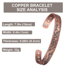 Fashtour Copper Bracelets for Men 99.99% Pure Copper 3500Guass Magnetic 7.5in Vintage Chinese Dragon, Blessing And Peace New Year Father's Day Gift