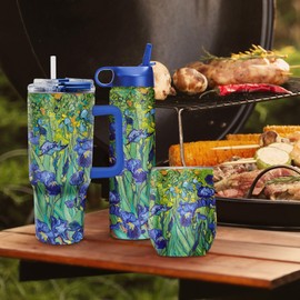 RainCaper 18/8 Stainless Steel Insulated Water Tumbler with Straw | 30oz, BPA-Free, Double Wall for Hot & Cold | Travel-Friendly, Cup Holder Ready (van Gogh Irises)