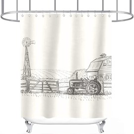 Sketch Rustic Shower Curtain Farmland Farmhouse Tractors Wooden Fence Theme for Kids Bathroom Decor Cloth Fabric Sets with Hooks Waterproof Washable 72 x 72 Inches Black and White