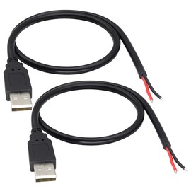 HCFeng 18AWG USB 2.0 Male Plug to 2pin Bare Cable USB A Male Plug to 2pin Bare Wire Pigtail Open End Extension Adapter 5V 5A Power Charge Wires DIY Connector Cable [2PacK/Black][0.5M/1.6ft]