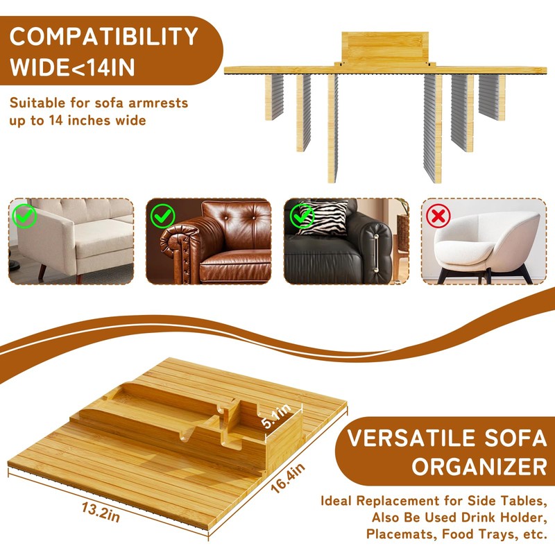 Bamboo Sofa Arm Tray 2-in-1 Couch Armrest Table with Detachable