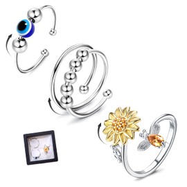 ZELORES 3Pcs Fidget Rings for Anxiety Adjustable Open Stress Relief Stackable Rings Sunflower Spinner Band Ring Set for Women Men