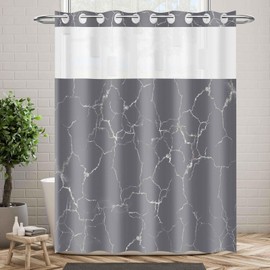 MOXDBT NO Hook Gray Shower Curtain with Snap-in Liner Set Modern Design Hotel Style with See Through Top Window Double Layers Water Proof Bath Gold Foil Print Textured Machine Washable 54x80 Inch