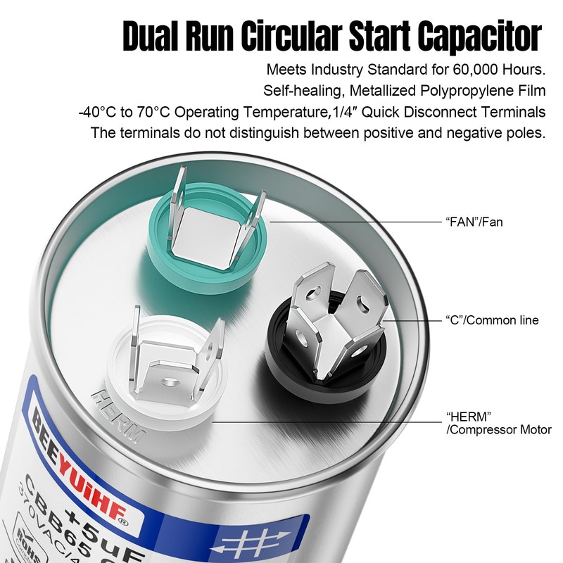 BEEYUIHF 45+5uF ±5% 45/5 MFD 370/440/450V AC 50/60Hz CBB65 Capacitor