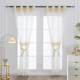 L.Z.E Gold and White Sheer Curtains for Living Room 57 Inch Drop with Eyelet Short Gold Curtains & Drapes for Bedroom Kitchen Bay Windows 145 cm Long Transparent Window Sheers with Tiebacks
