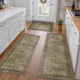 GENIMO Kitchen Mats for Floor Set of 3 Non-Slip Washable, Waterproof Lightweight Kitchen Rugs, Kitchen Floor Mat Runner Rug Carpet for Laundry, Sink, Hallway, Bathroom, Entryway, Brown Green