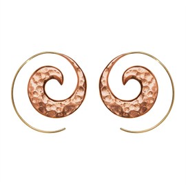 81stgeneration Women's Brass Copper Hammered Tribal Patterned Hoop Earrings Spiral Threader Earrings, Brass Copper
