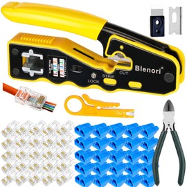 RJ45 Crimp Tool Pass Through - Blenori RJ45 Pass Through Crimp Tool for CAT6 Cat5e Cat5 Wires, Ethernet RJ45 Crimper with 50PCS CAT6 Pass Through Connectors, 50PCS RJ45 Boots