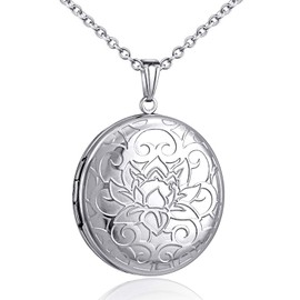 YOUFENG Locket Necklace that Holds Pictures Flower Lockets Necklaces Pendant 18K Gold Plated Gifts Jewelry Silver Round