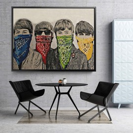 Banksy Beatles Bandanas Street Graffiti Canvas Art Wall Art Home Decor (18in x 12in Modern Black Framed)