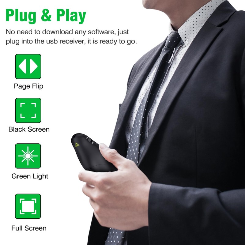 DinoFire Green Presentation Clicker Wireless Presenter Remote, RF 2.4GZ Rechargeable