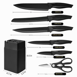 Juego de 6 piezas de bloques de cuchillos, juego de cuchillos de cocina de acero inoxidable con bloque – Cuchillos negros de alto carbono, apto para l