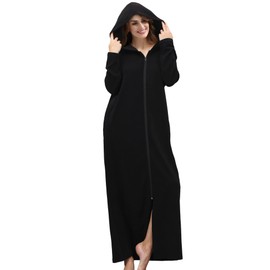COLORFULLEAF Women's Zip Up Robes Long Sleeve Hooded Fleece Bathrobe Soft Warm Housecoat Loungewear with Pockets(Black,M)