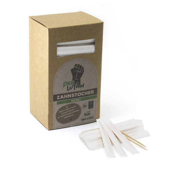 Ökolution Toothpicks, 1000 pieces, individually wrapped in paper, wooden skewers approx. 6.5 cm, party picks, natural