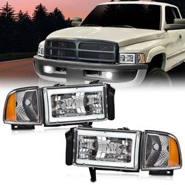 G-PLUS LED C Light Bar Headlights Assembly Fit Dodge Ram 1500 1994-2001/Fit Dodge Ram 2500 3500 1994-2002 Headlamps w/o Bulbs DRL Clear Lens Chrome Housing Clear Reflector,faros delanteros