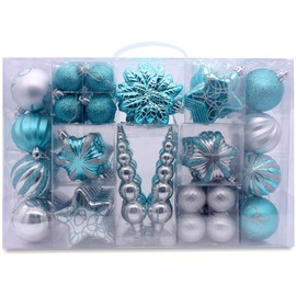AUXO-FUN - Juego de 73 adornos navideños surtidos irrompibles, colección de lujo, en paquete de regalo portátil reutilizable para decoración de árbol de Navidad (turquesa y plata)
