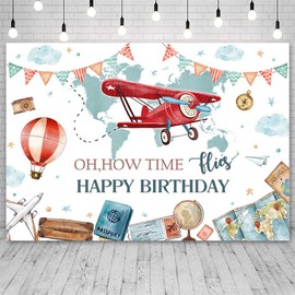 AIBIIN 7x5ft Time Flies Birthday Decoration Backdrop Airplane Birthday Backdrop How Time Flies Backdrop Airplane Birthday Party Supplies