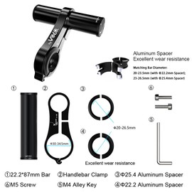 VOLO Extender Bar Aluminum Bike Handlebar Extender Cycling Extension Mount Holder for Bike Mounts, GPS Service, Headlights etc (Black, 85)