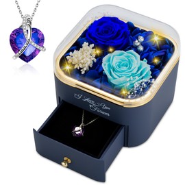 Preserved Real Rose with I Love You Necklace, Preserved Flowers Gifts for Her, Women, Mom, Girlfriend, Rose Box with LED Light for Valentine's Day, Mother's Day, Birthday, Anniversary(Blue+Cyan)