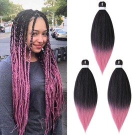 26" Pre Stretched Braiding Hair Extensions Ombre EZ Easy Braid Professional Hair Synthetic Fiber 3Bundles Crochet Twist Yaki Texuture Hot Water Setting Long Soft, Black&Pink