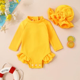 YOUNGER TREE Infant Baby Girls Swimsuit Long Sleeve Swimsuit One Piece Swimsuit Solid Color Bathing Suit with Hat, UPF 50+（Yellow, 18-24 Months）
