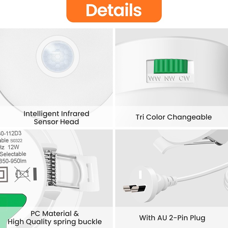 ALUSSO 12W LED Motion Sensor Downlight,3CCT 3000K 4000K 6500K 90-100mm