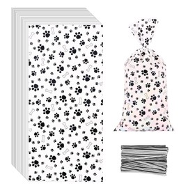 Lecferrarc 100 Pcs Dog Paw Bone Print Treat Bags Puppy Dog Cellophane Candy Bags Pet Paw Plastic Goodie Storage Bags Pet Party Favor Bags with Twist Ties for Pet Theme Birthday Party Supplies